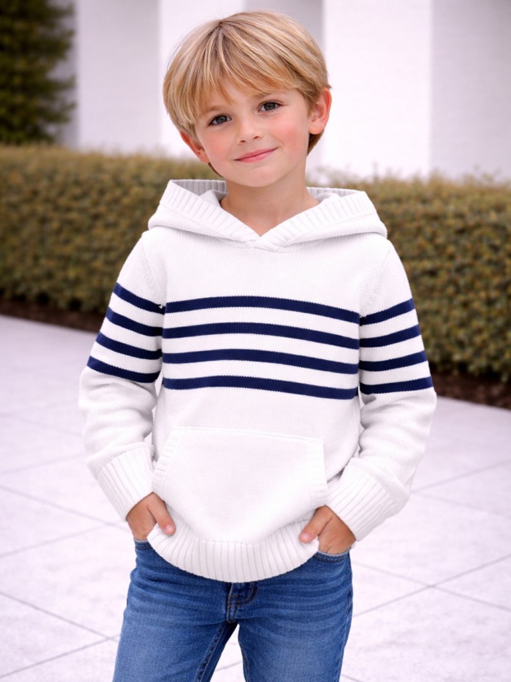 Janie and Jack White Hooded Sweater with Navy Stripes 100% cotton